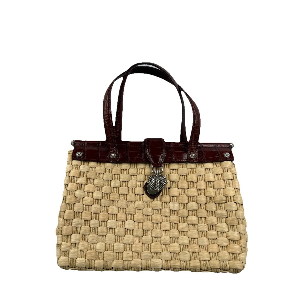 Brighton Woven Raffia Tote Bag Brown Croc Leather Trim Silver Heart Charm